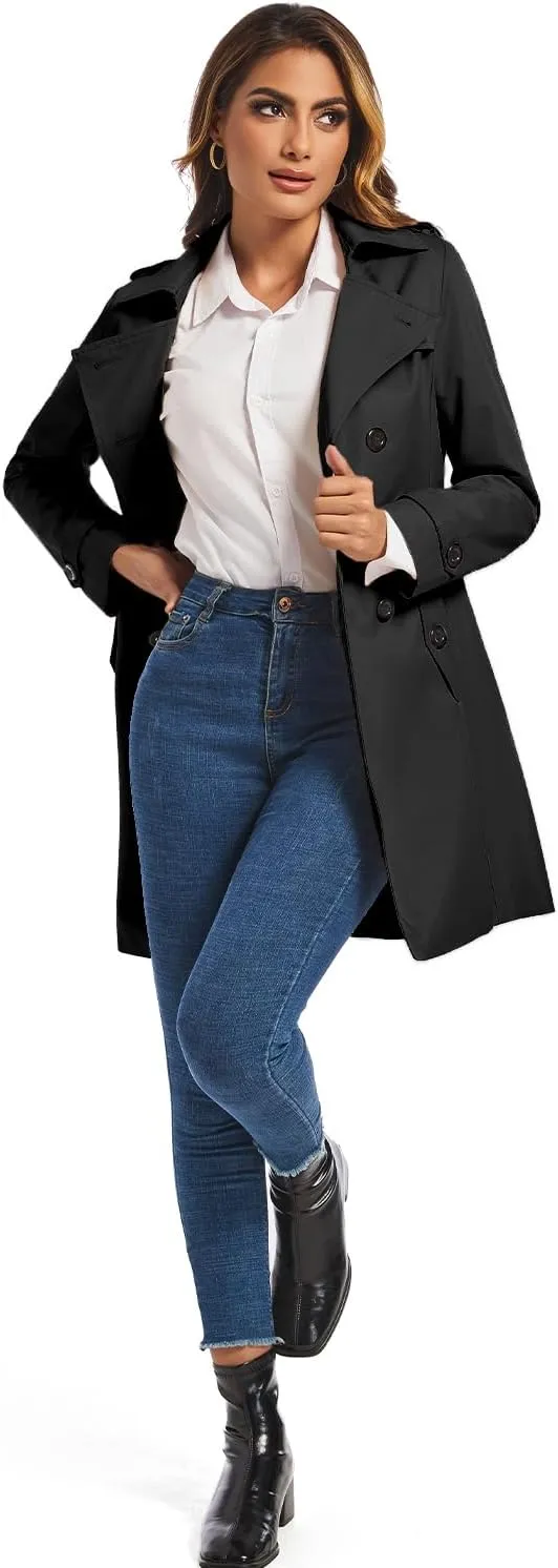 FARVALUE Women's Double Breasted Trench Coat Water Resistant Windbreaker Classic Belted Lapel Overcoat