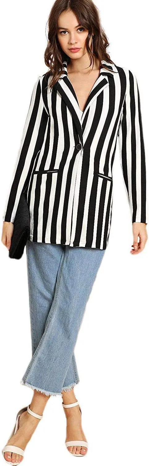 Floerns Women's Casual Work Office Open Front Striped Blazer