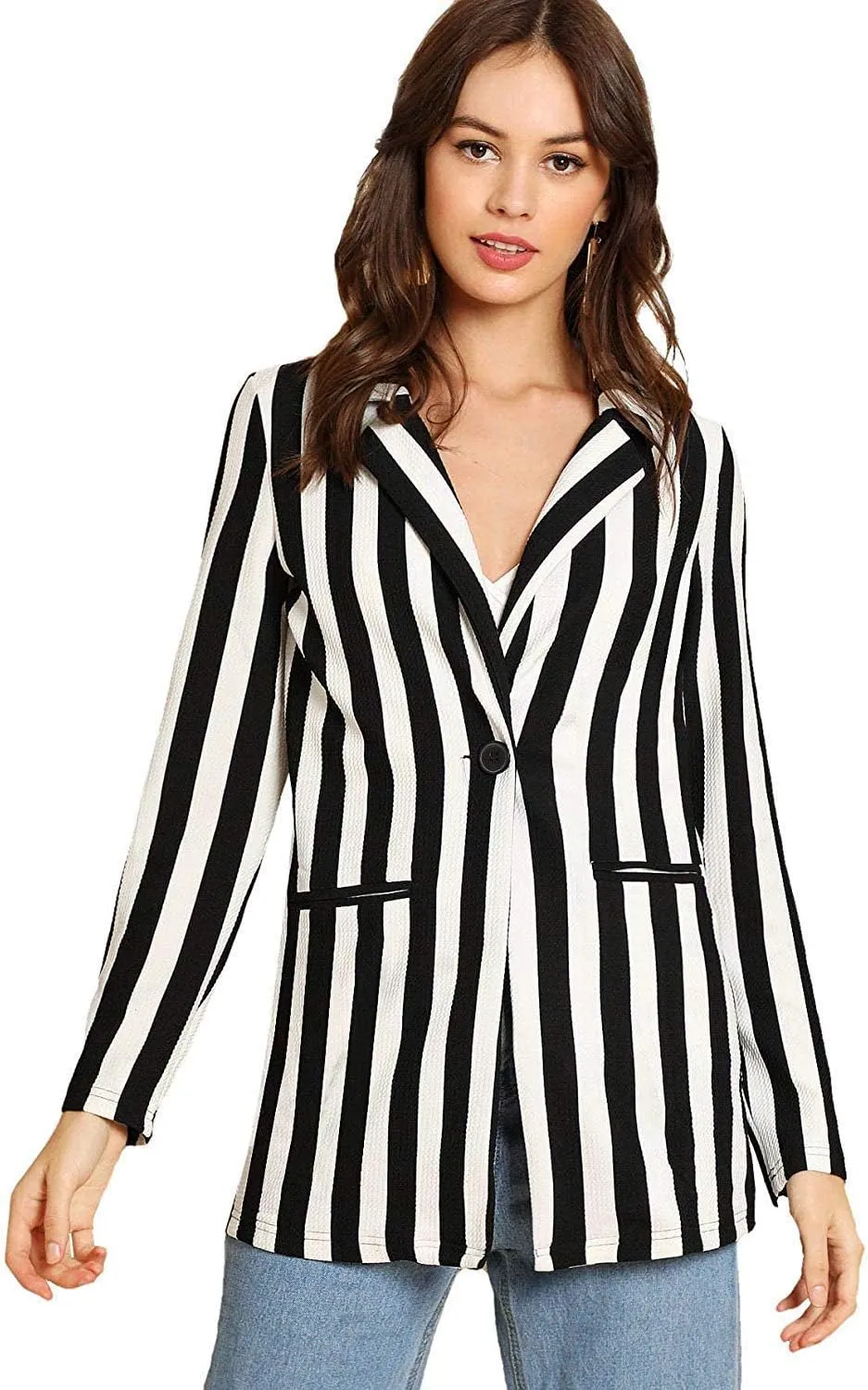 Floerns Women's Casual Work Office Open Front Striped Blazer