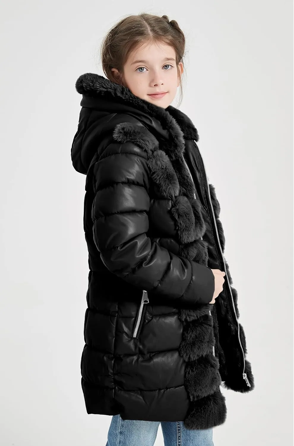 Giolshon Winter Girls Thickened Puffer coat shining Padded jacket Kids Ski Snow Outwear with Faux Fur Collar 7695