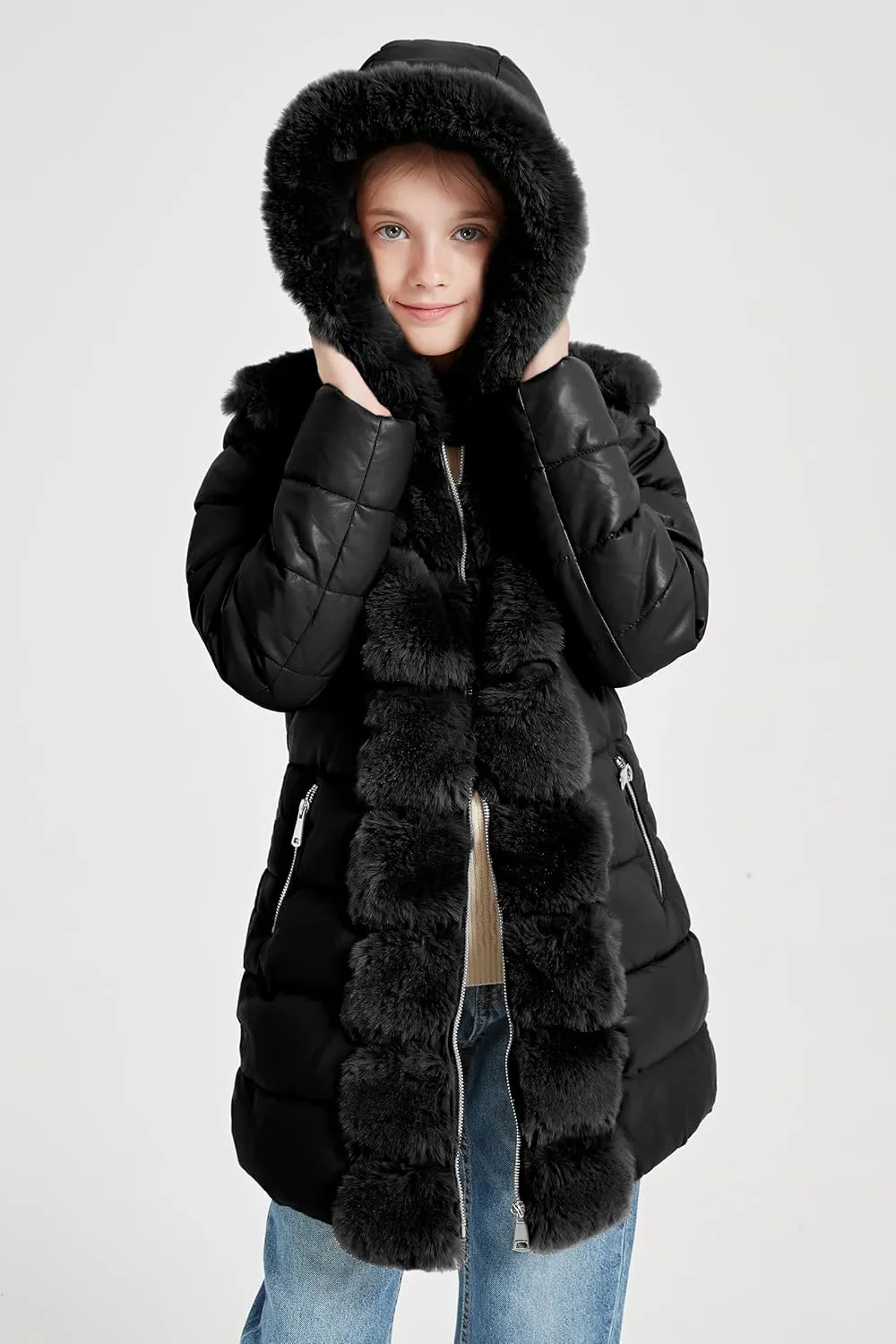 Giolshon Winter Girls Thickened Puffer coat shining Padded jacket Kids Ski Snow Outwear with Faux Fur Collar 7695