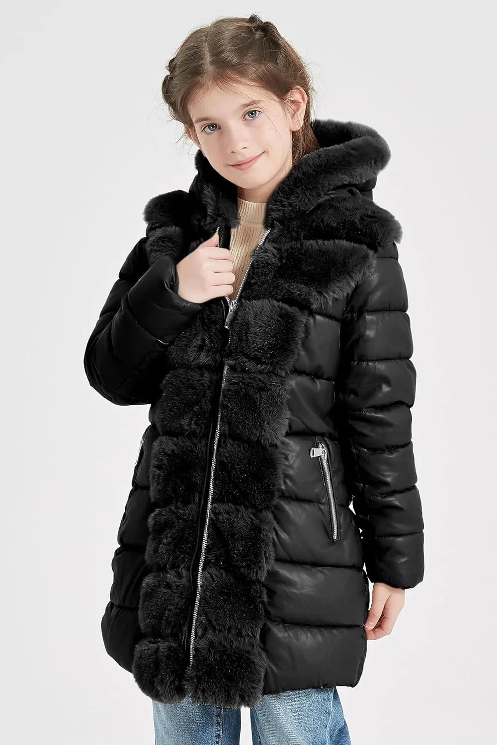 Giolshon Winter Girls Thickened Puffer coat shining Padded jacket Kids Ski Snow Outwear with Faux Fur Collar 7695