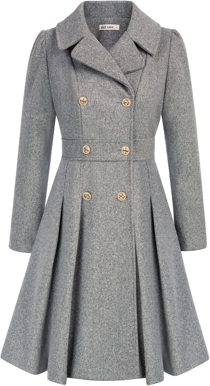 GRACE KARIN 2024 Women's Fashion Trench Coat Notch Lapel Double Breasted Thick A Line Pea Coats Jacket with Pockets(S-2XL)
