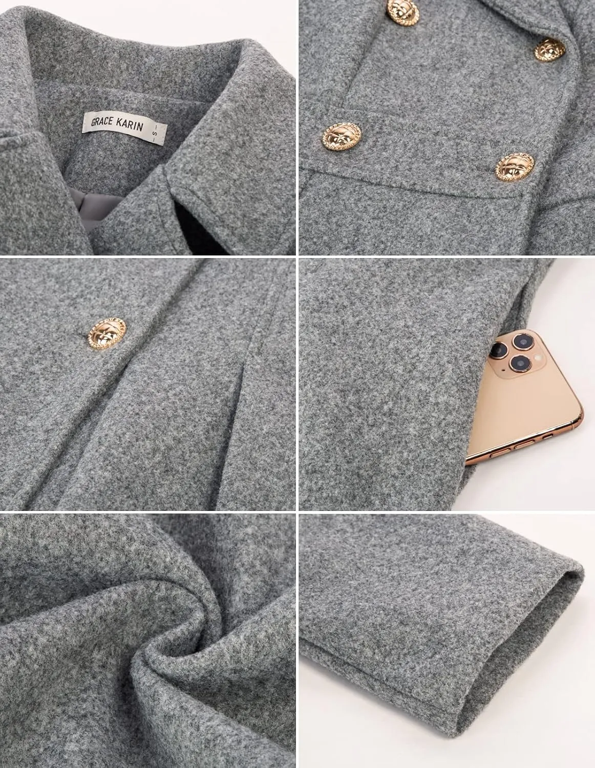 GRACE KARIN 2024 Women's Fashion Trench Coat Notch Lapel Double Breasted Thick A Line Pea Coats Jacket with Pockets(S-2XL)
