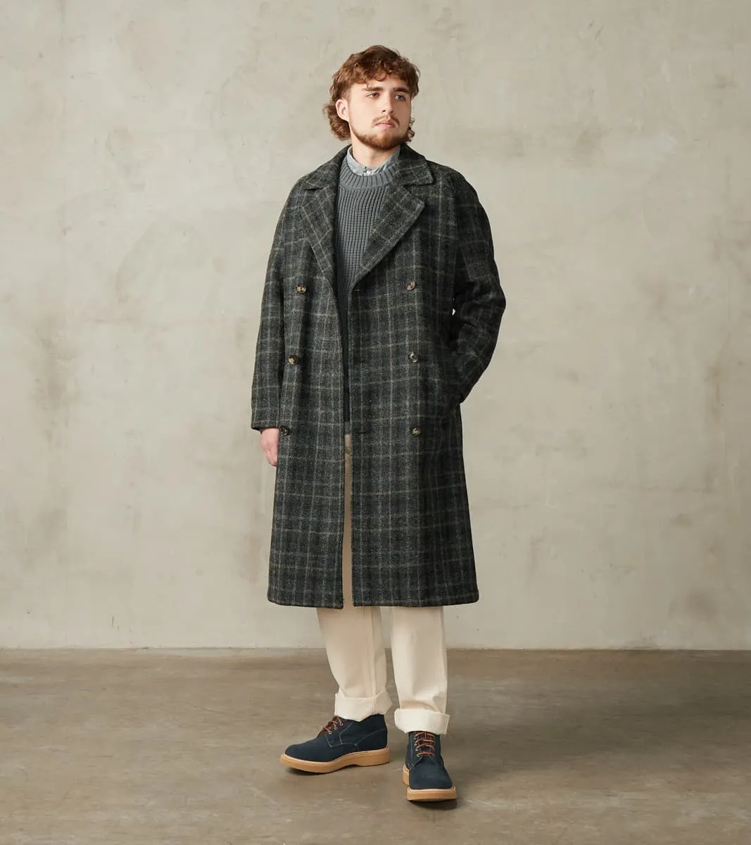 Harris Tweed Grandad Trench Coat - Grey Windowpane Check