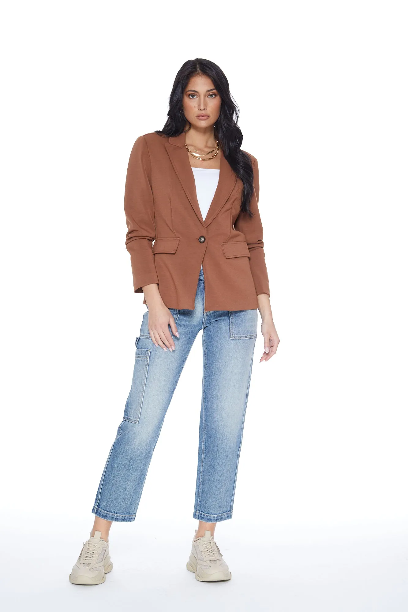 Helen Blazer in Toffee & Medium Blue Denim Insert