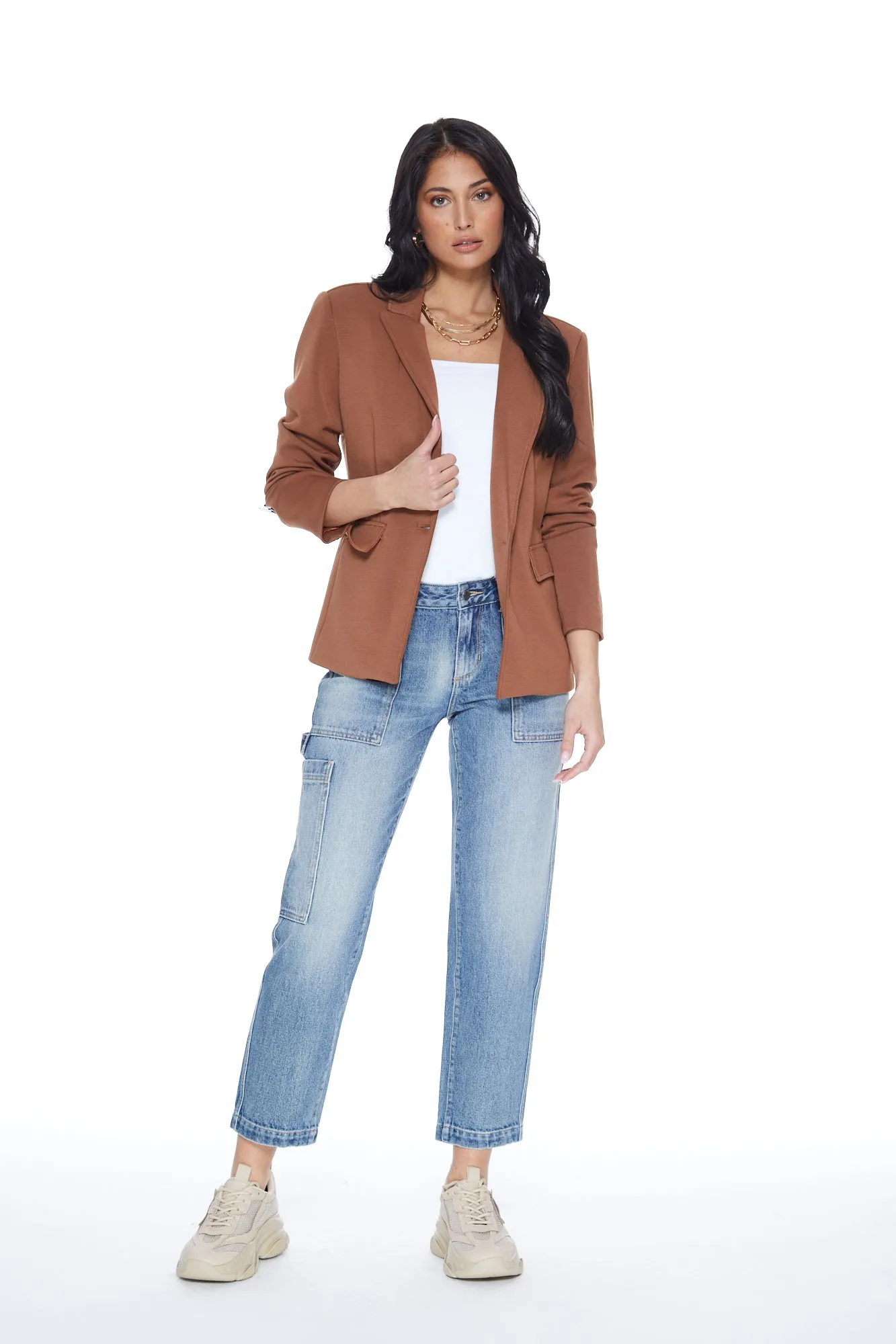 Helen Blazer in Toffee & Medium Blue Denim Insert