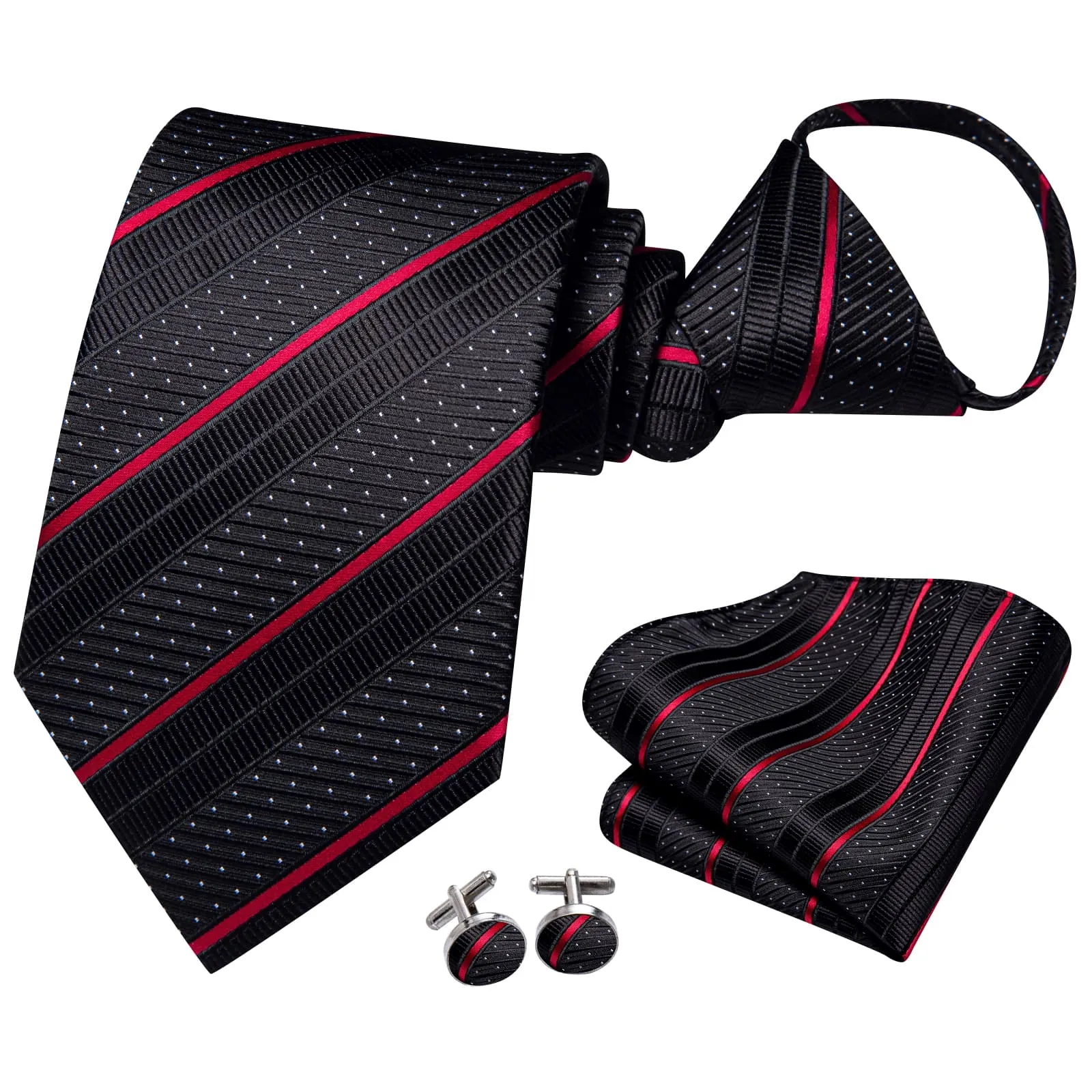 Hi-Tie Black Tie White Dots Red Stripes Men's Novelty Pre-Tied Tie Set