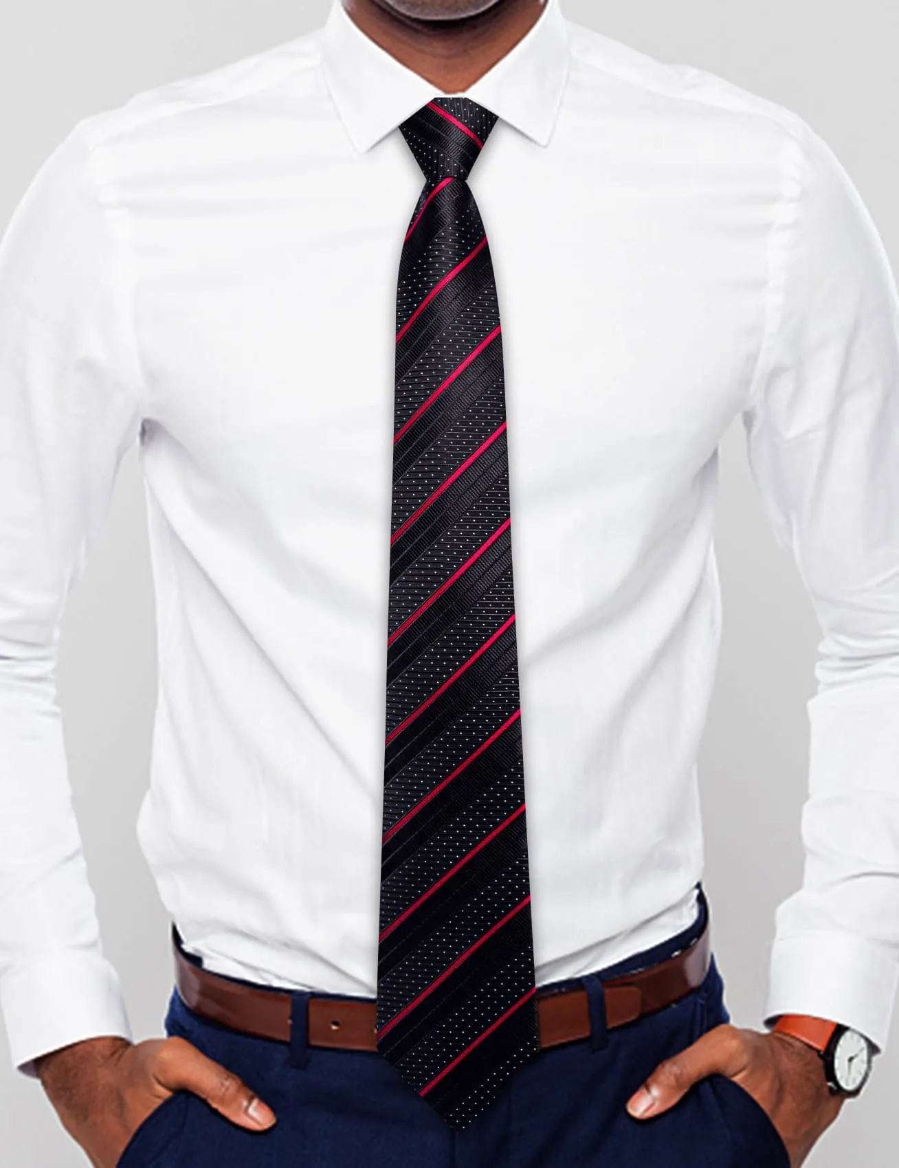 Hi-Tie Black Tie White Dots Red Stripes Men's Novelty Pre-Tied Tie Set