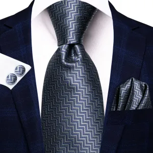 Hi-Tie Blue Grey Irregular Stripe Silk Tie Pocket Square Cufflinks Set
