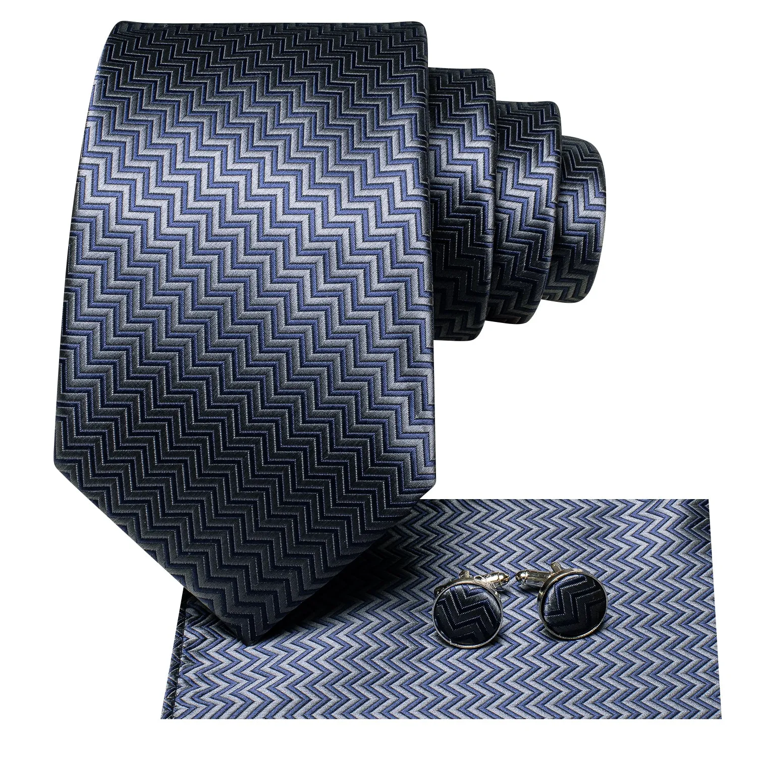 Hi-Tie Blue Grey Irregular Stripe Silk Tie Pocket Square Cufflinks Set