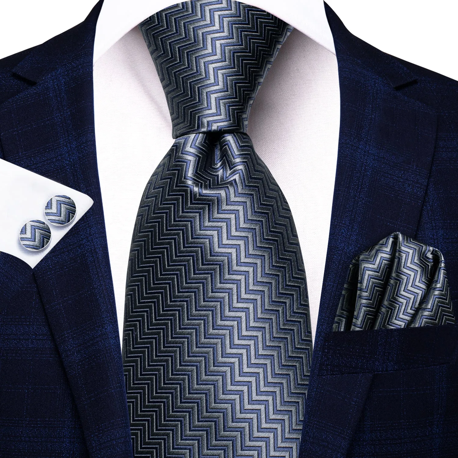 Hi-Tie Blue Grey Irregular Stripe Silk Tie Pocket Square Cufflinks Set
