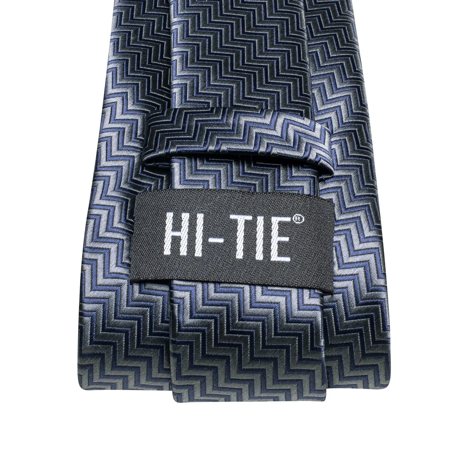 Hi-Tie Blue Grey Irregular Stripe Silk Tie Pocket Square Cufflinks Set