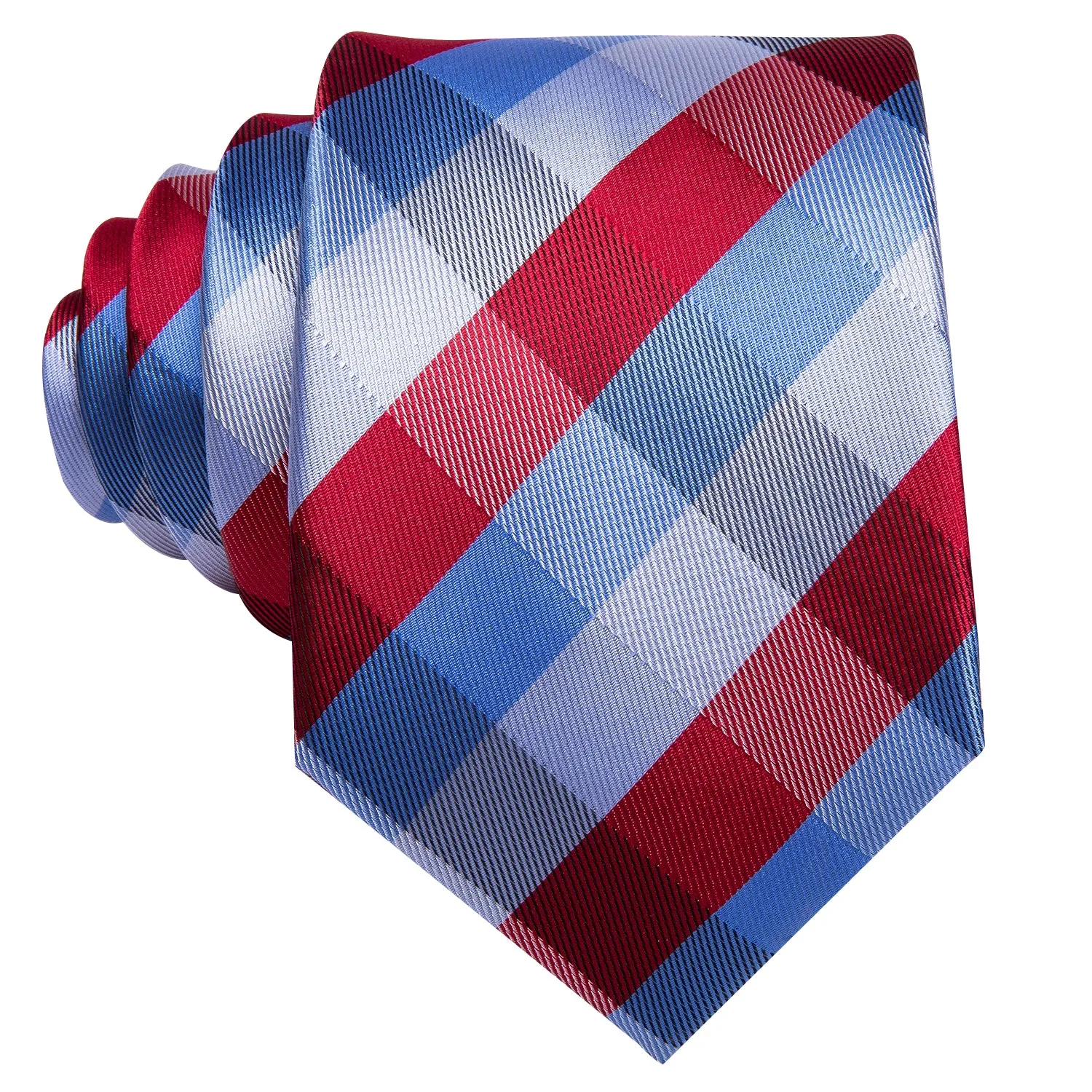 Hi-Tie Checkered Necktie Blue Red Plaid Tie Pocket Square Cufflinks Set