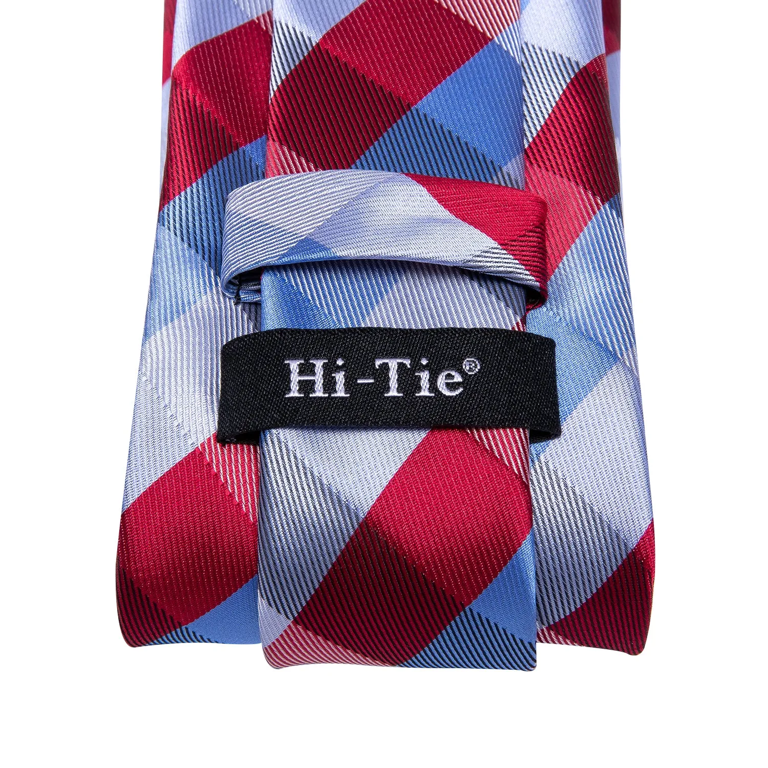Hi-Tie Checkered Necktie Blue Red Plaid Tie Pocket Square Cufflinks Set