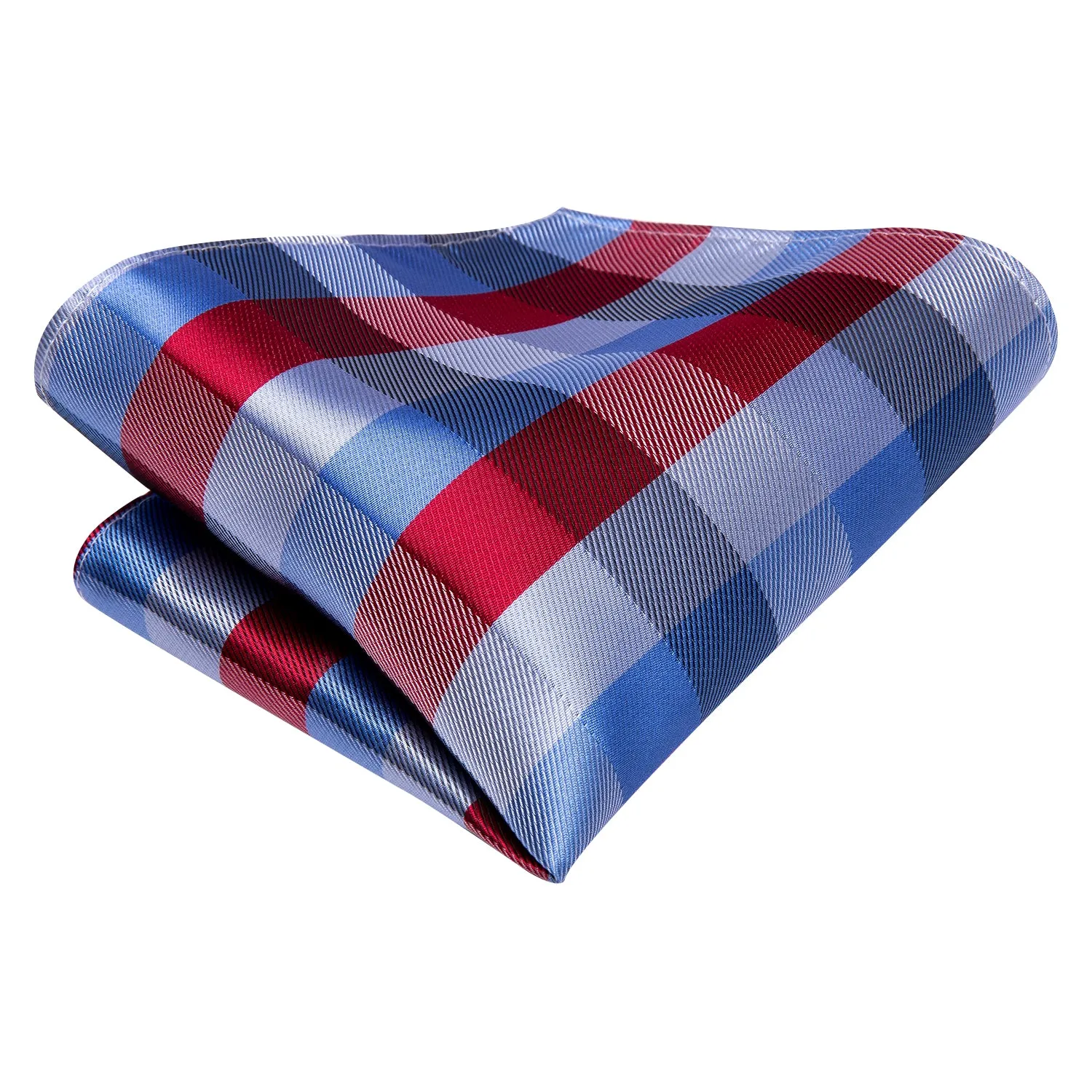 Hi-Tie Checkered Necktie Blue Red Plaid Tie Pocket Square Cufflinks Set