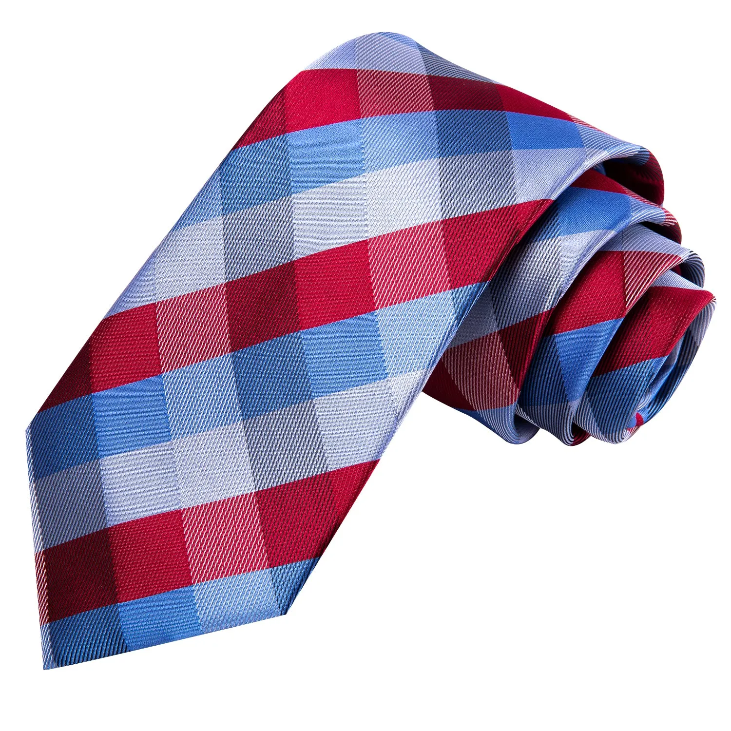 Hi-Tie Checkered Necktie Blue Red Plaid Tie Pocket Square Cufflinks Set