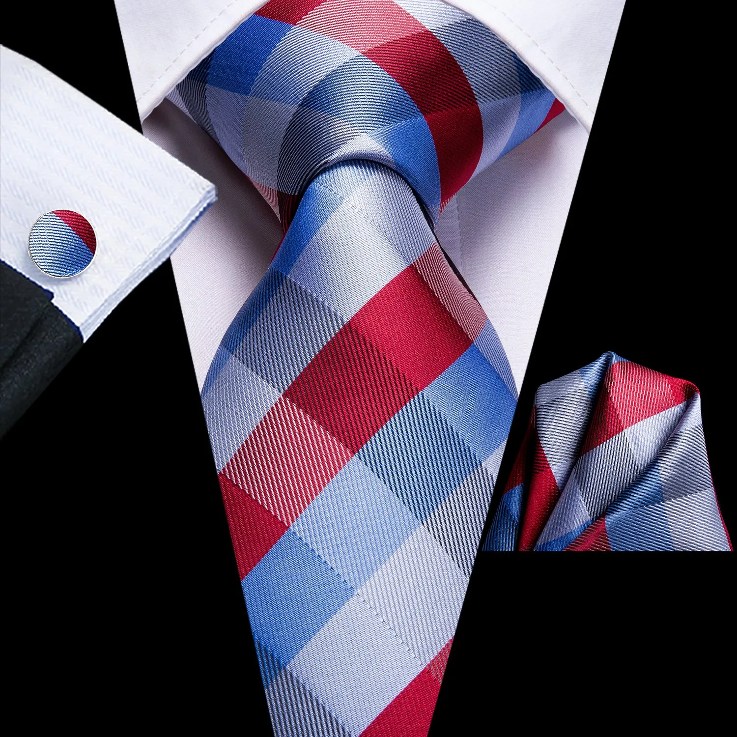 Hi-Tie Checkered Necktie Blue Red Plaid Tie Pocket Square Cufflinks Set
