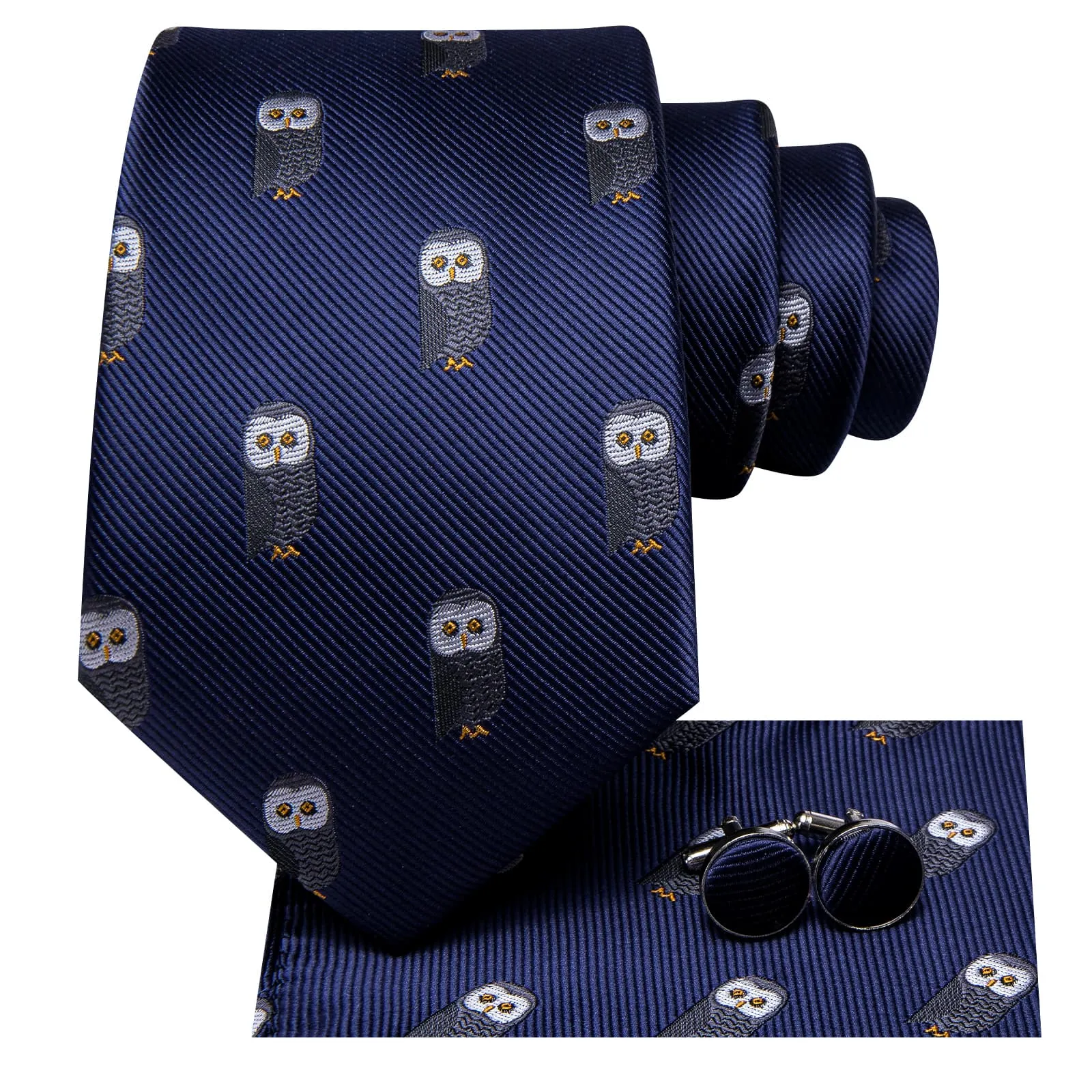 Hi-Tie Deep Blue Novelty Owl Pattern Silk Mens Tie Handkerchief Cufflinks Set