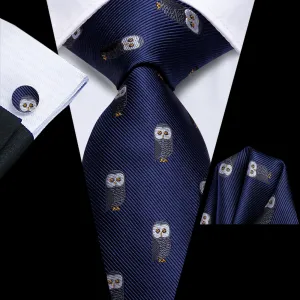 Hi-Tie Deep Blue Novelty Owl Pattern Silk Mens Tie Handkerchief Cufflinks Set