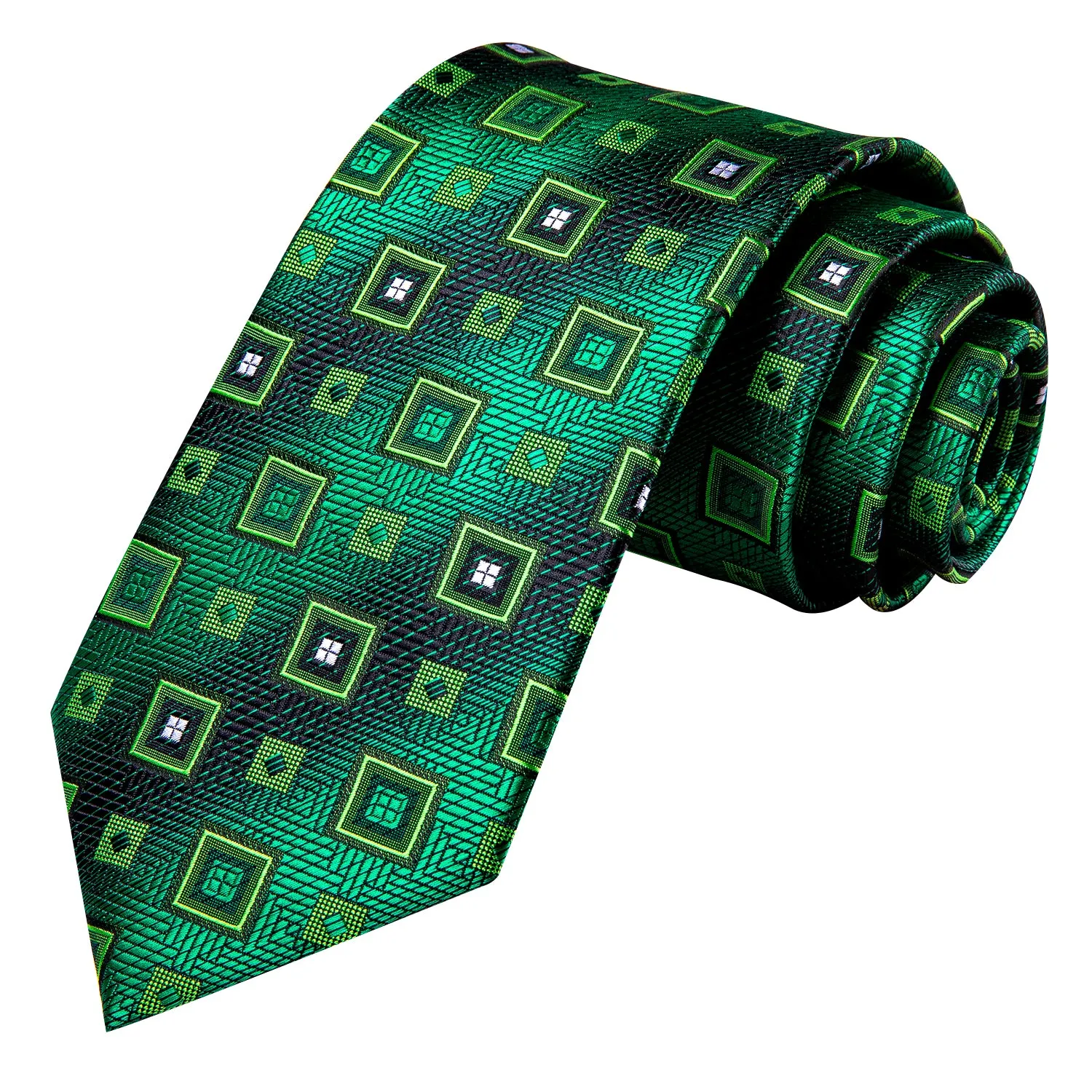 Hi-Tie Green Necktie Plaid Novelty Tie Pocket Square Cufflinks Set