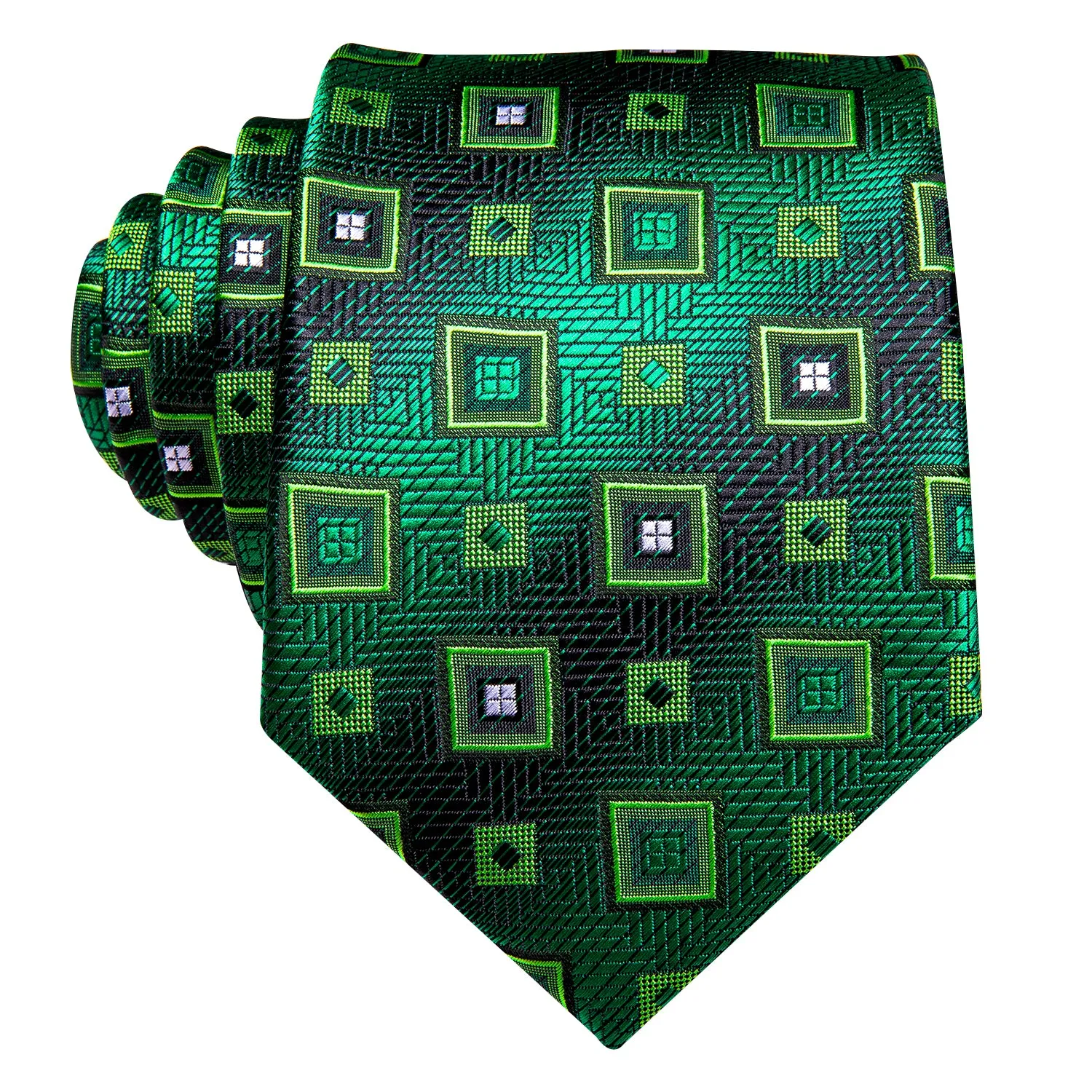 Hi-Tie Green Necktie Plaid Novelty Tie Pocket Square Cufflinks Set