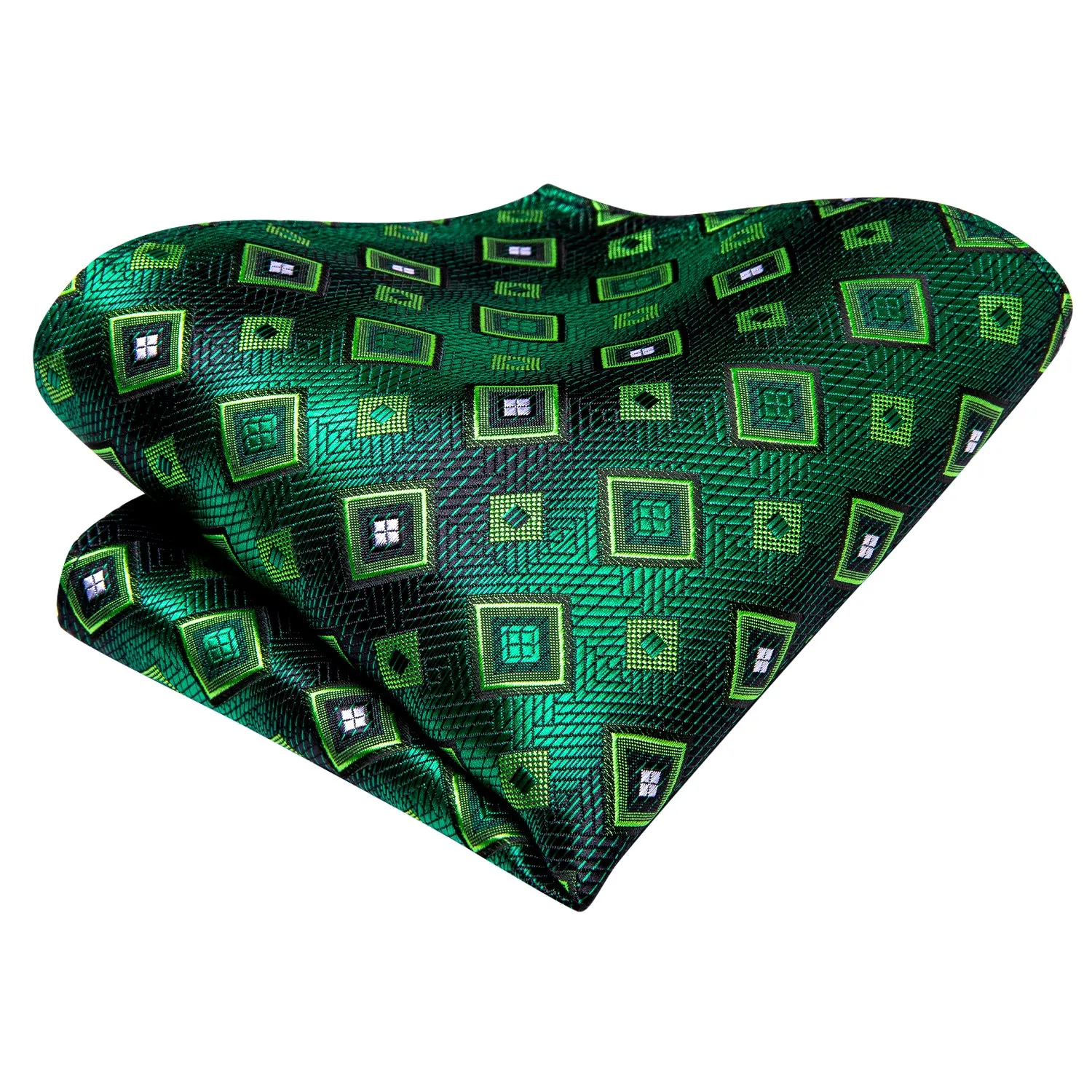 Hi-Tie Green Necktie Plaid Novelty Tie Pocket Square Cufflinks Set