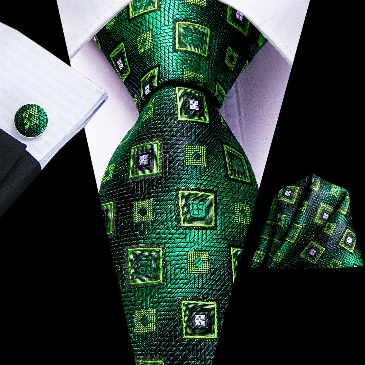 Hi-Tie Green Necktie Plaid Novelty Tie Pocket Square Cufflinks Set