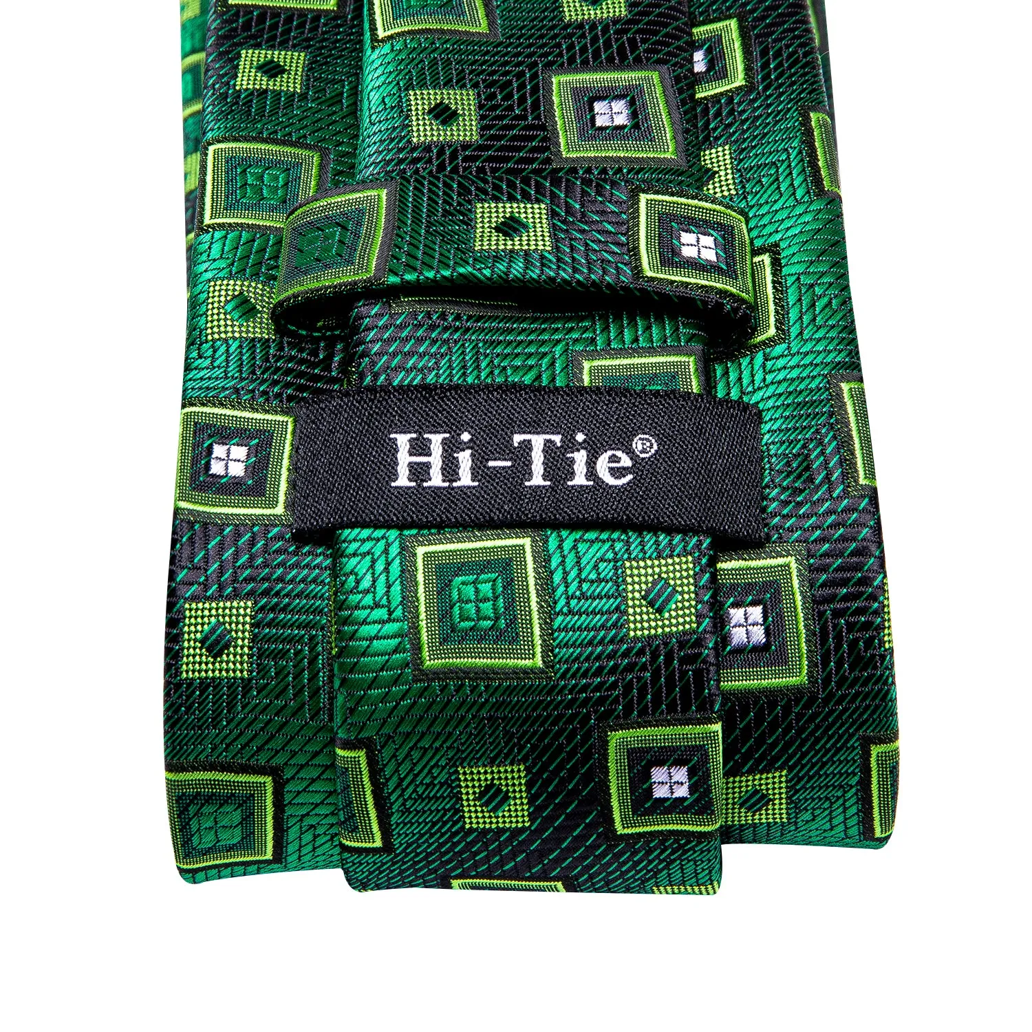Hi-Tie Green Necktie Plaid Novelty Tie Pocket Square Cufflinks Set