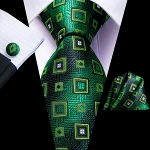 Hi-Tie Green Necktie Plaid Novelty Tie Pocket Square Cufflinks Set
