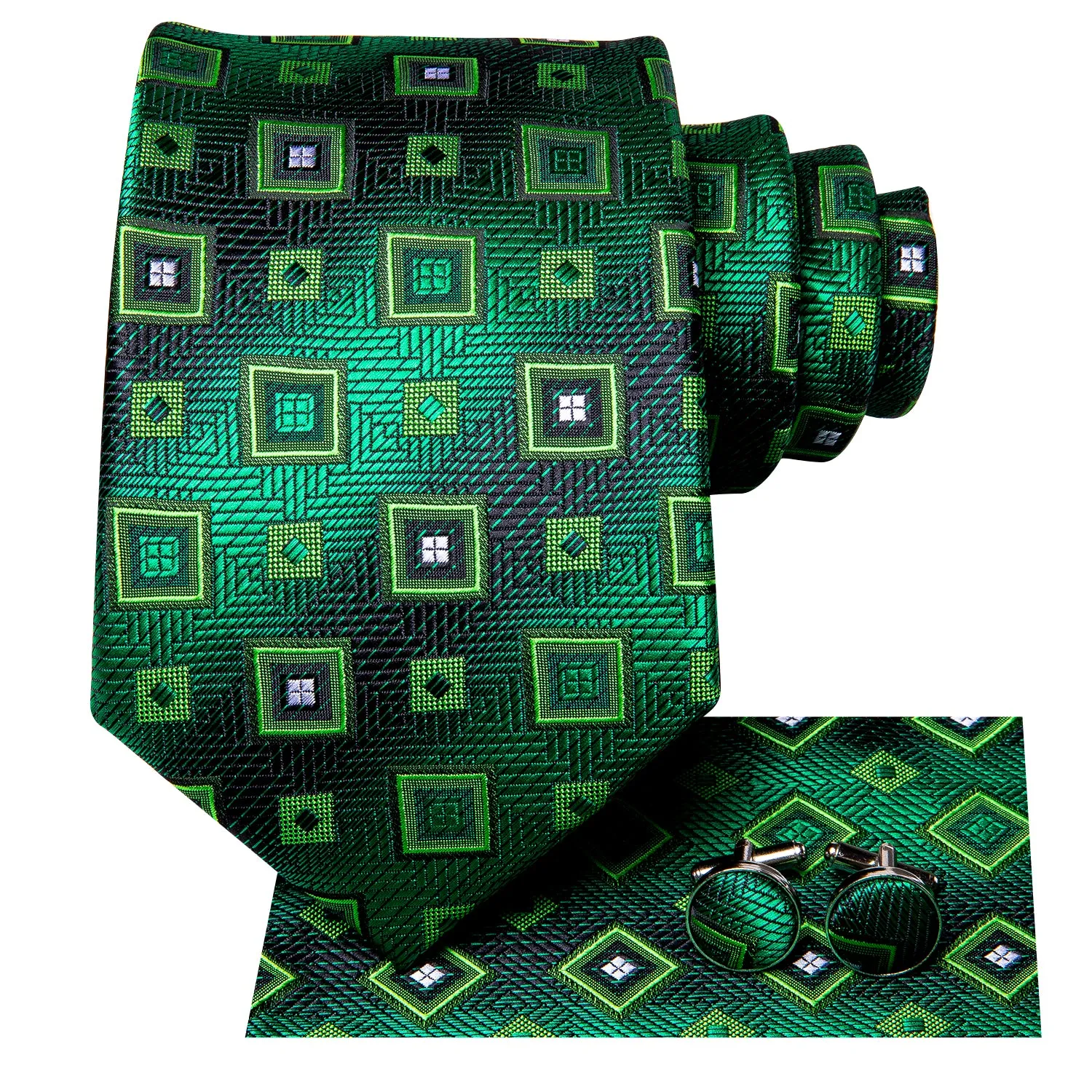 Hi-Tie Green Necktie Plaid Novelty Tie Pocket Square Cufflinks Set
