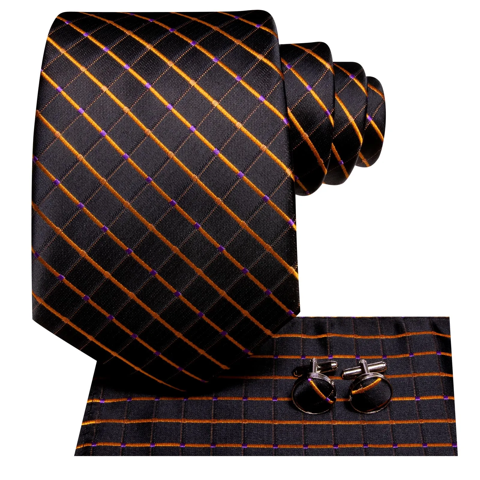 Hi-Tie Men's Black Tie Checkered Gold Lines Tie Hanky Cufflinks Set