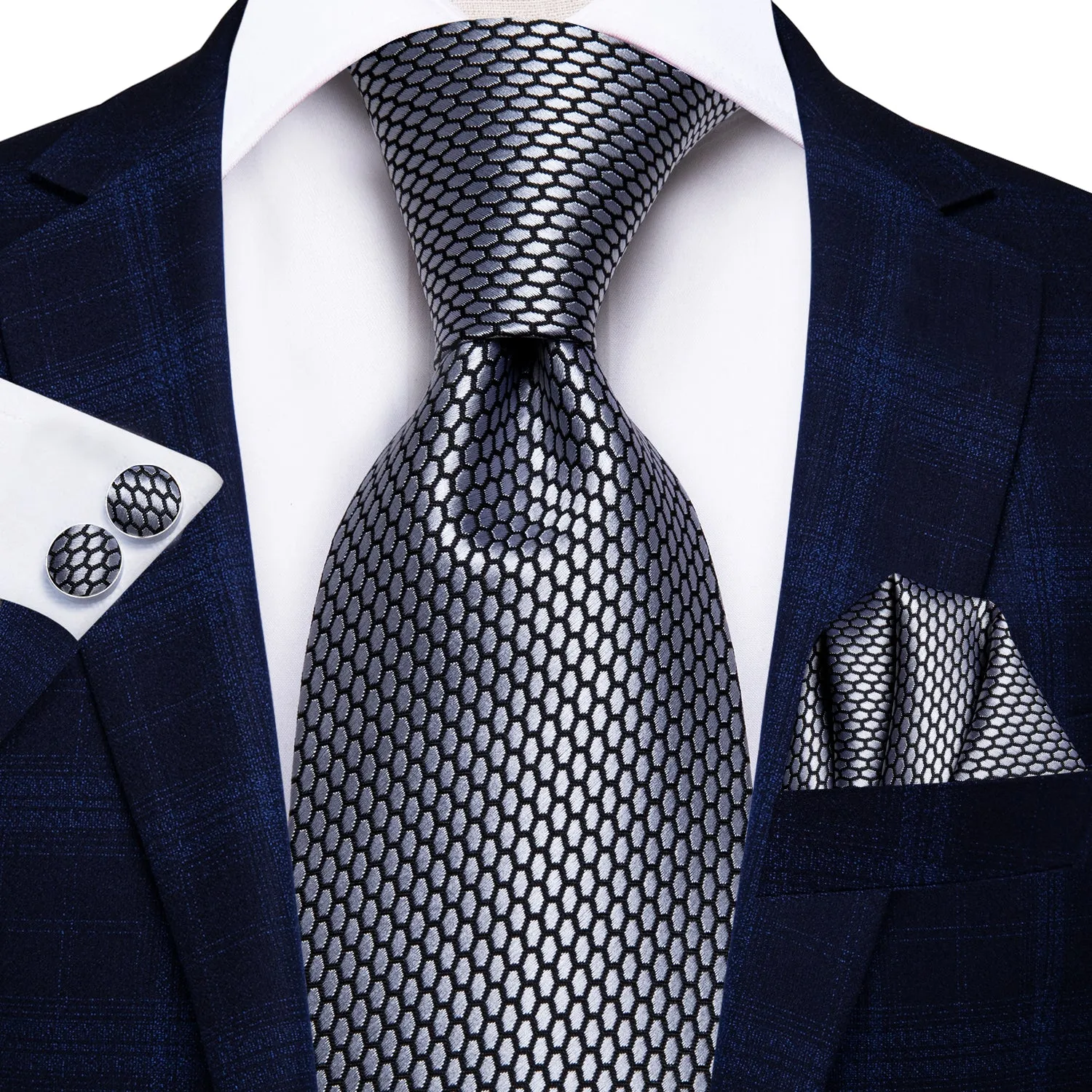 Hi-Tie Men's Ties Grey Geometric Plaid Tie Pocket Square Cufflinks Set