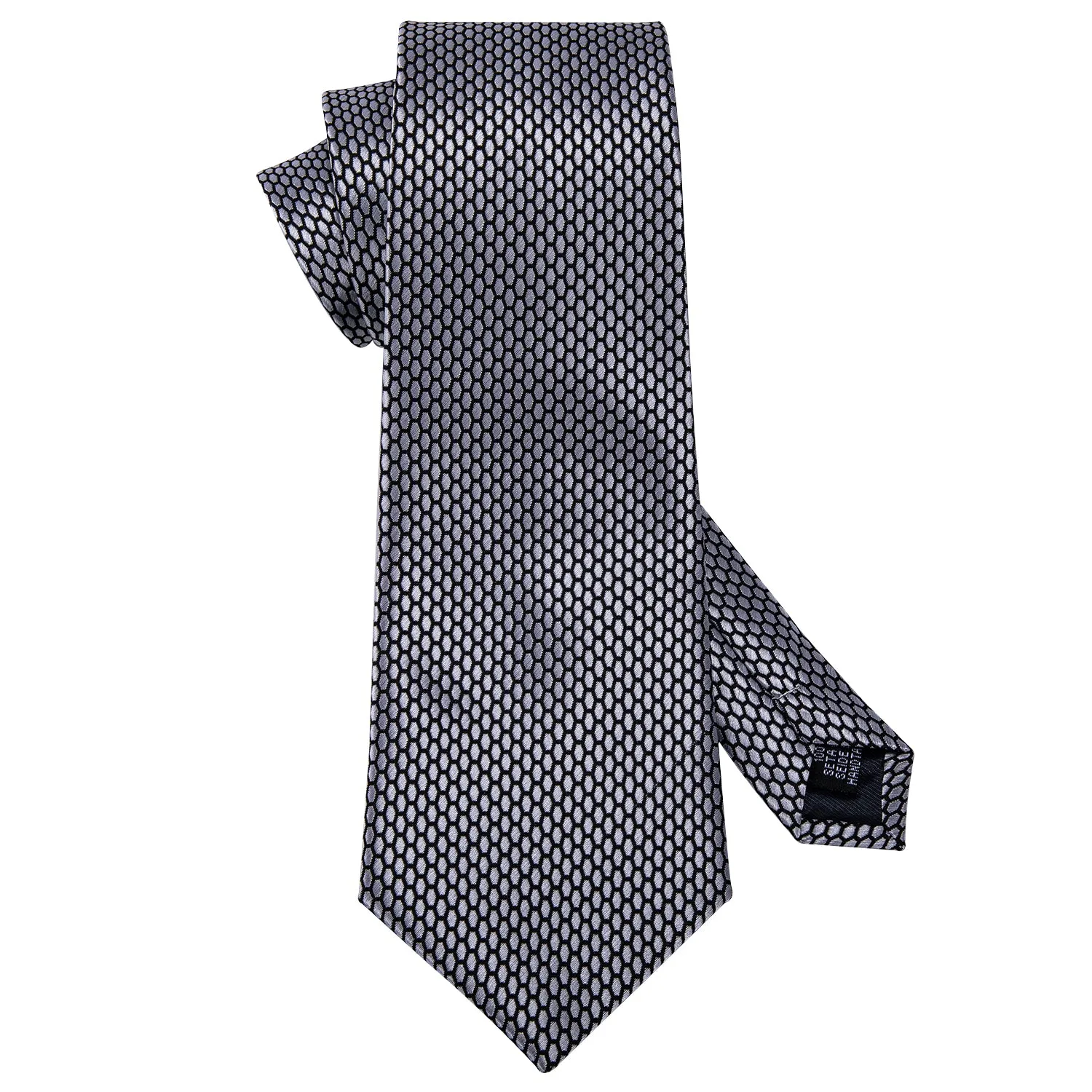 Hi-Tie Men's Ties Grey Geometric Plaid Tie Pocket Square Cufflinks Set