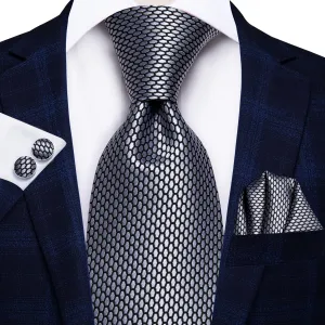Hi-Tie Men's Ties Grey Geometric Plaid Tie Pocket Square Cufflinks Set