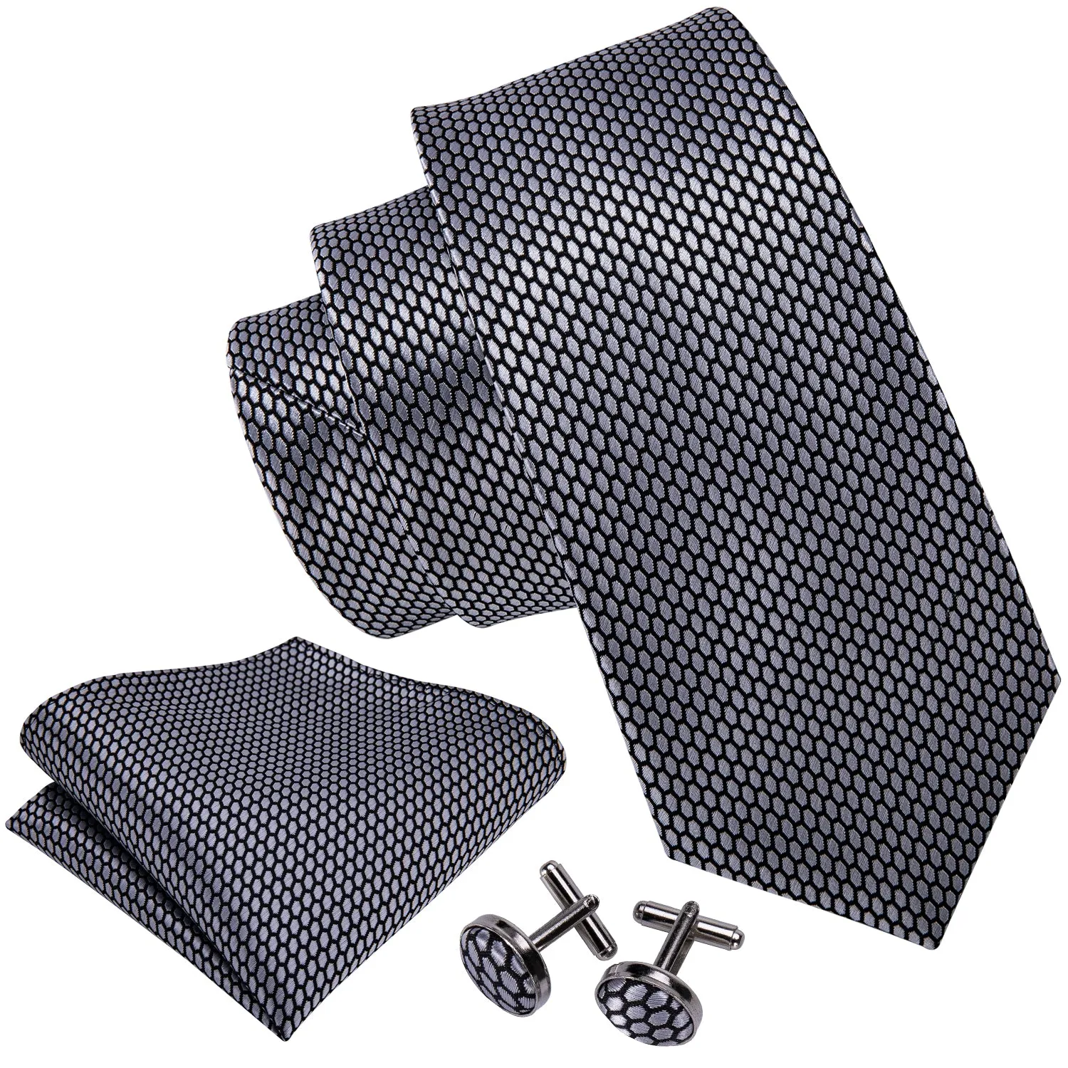 Hi-Tie Men's Ties Grey Geometric Plaid Tie Pocket Square Cufflinks Set