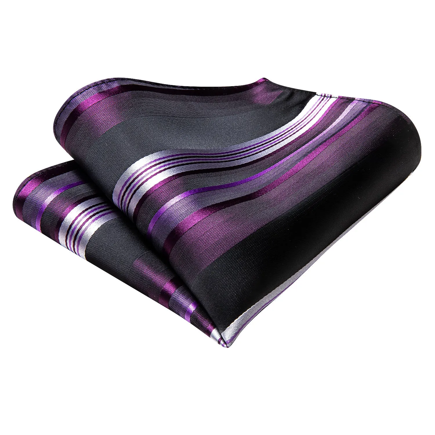 Hi-Tie Purple White Black Striped Silk Tie Pocket Square Cufflinks Set