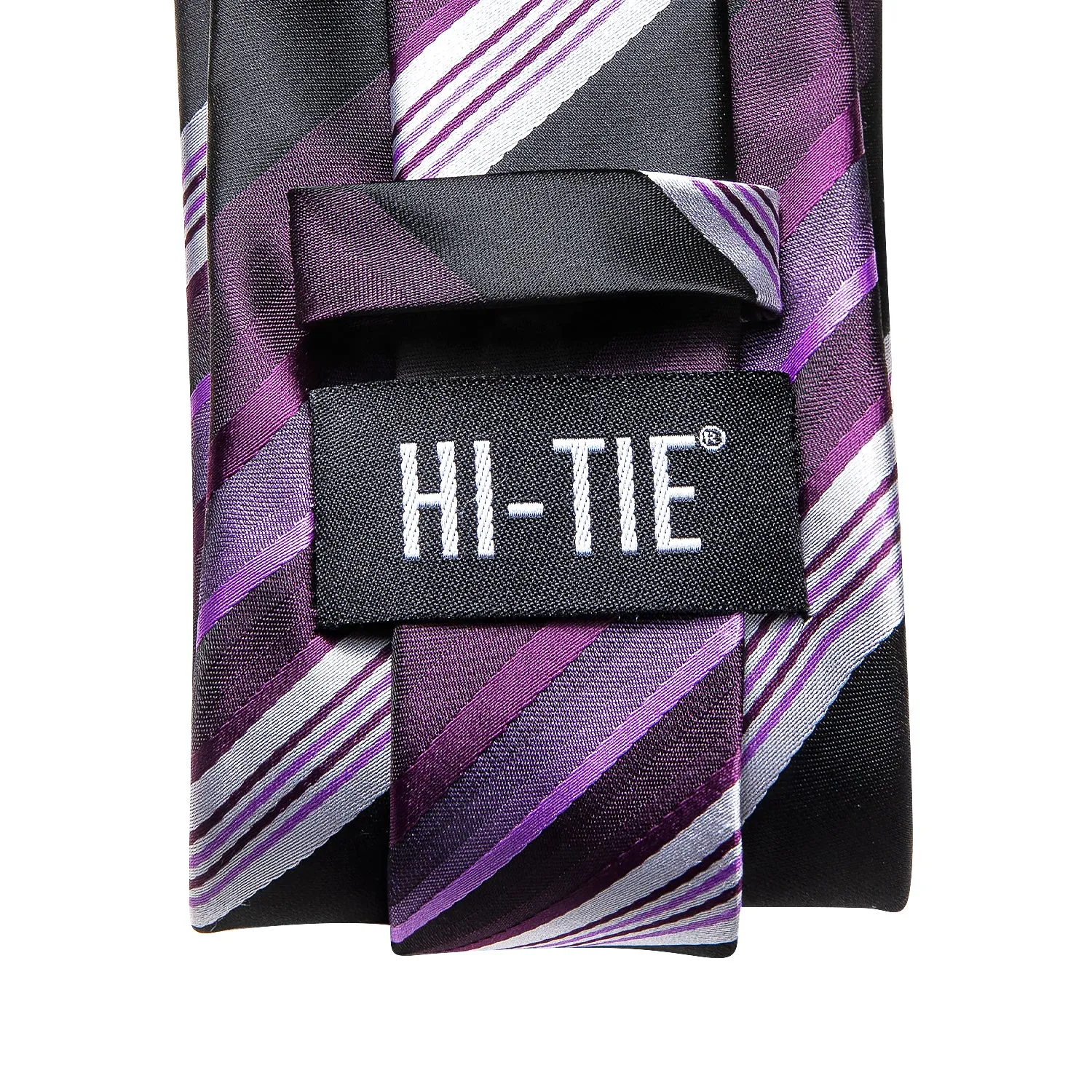 Hi-Tie Purple White Black Striped Silk Tie Pocket Square Cufflinks Set