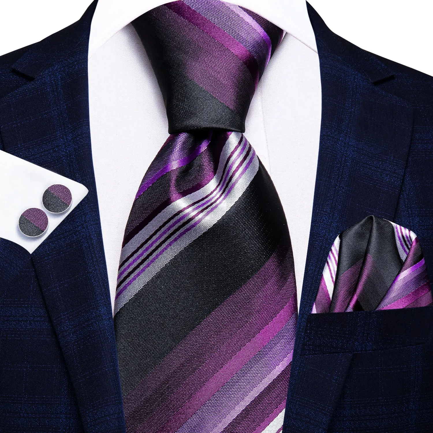 Hi-Tie Purple White Black Striped Silk Tie Pocket Square Cufflinks Set