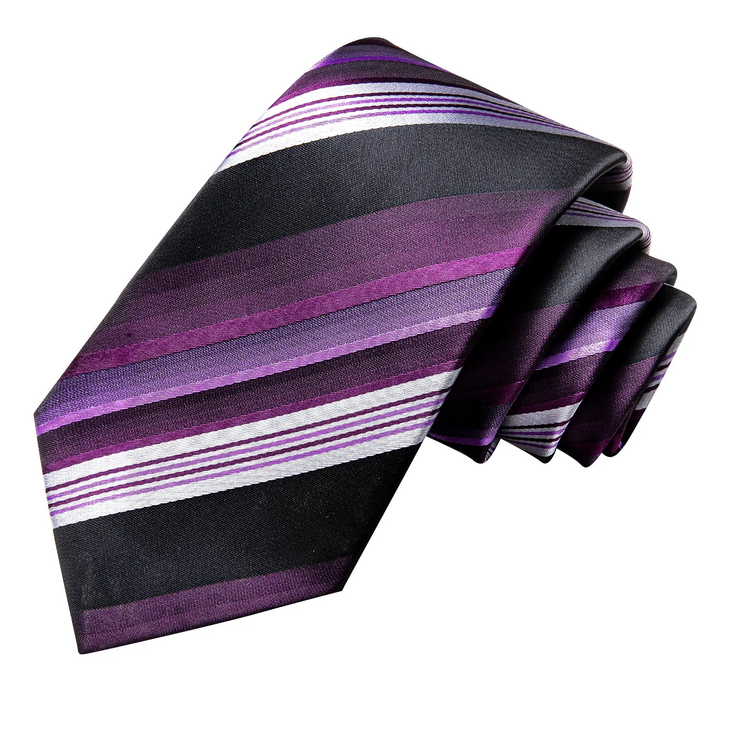 Hi-Tie Purple White Black Striped Silk Tie Pocket Square Cufflinks Set