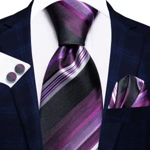Hi-Tie Purple White Black Striped Silk Tie Pocket Square Cufflinks Set