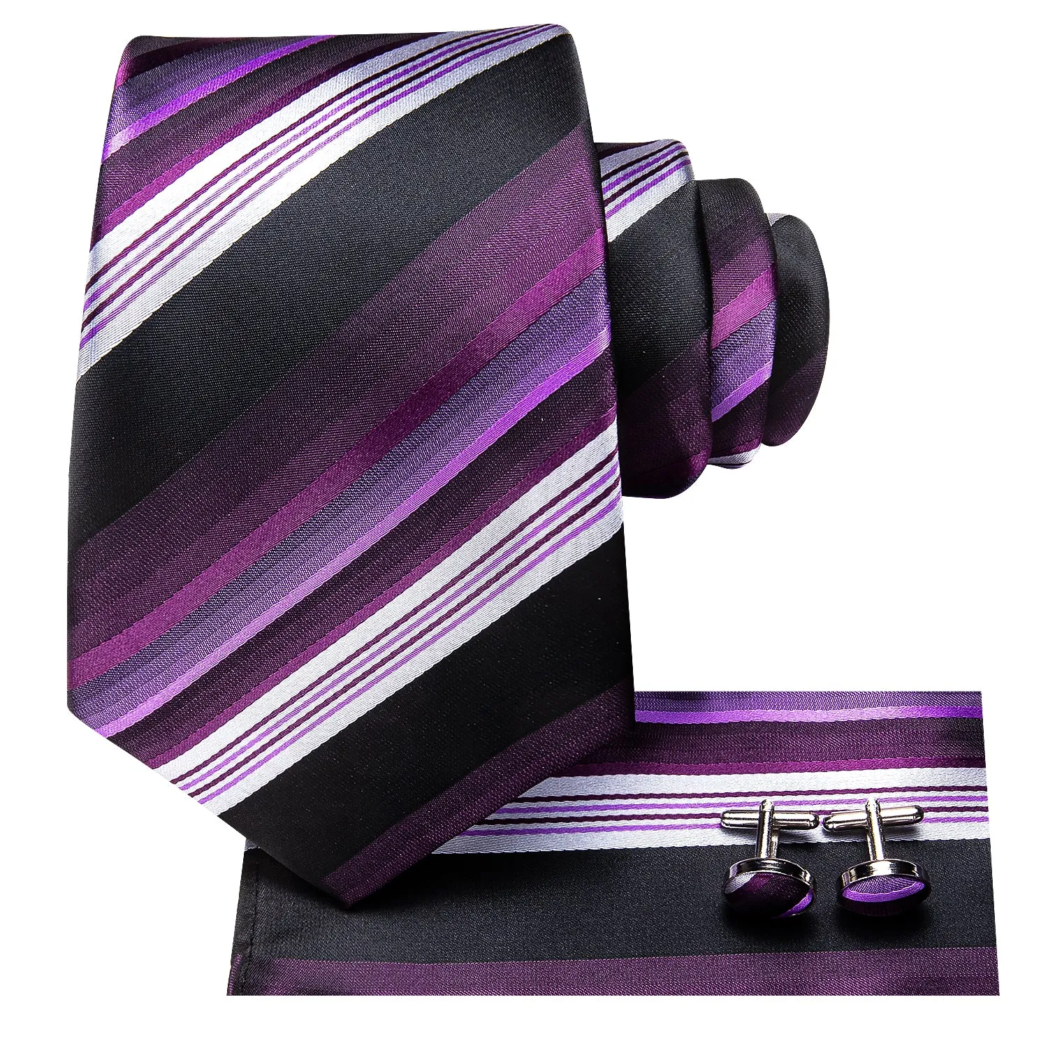 Hi-Tie Purple White Black Striped Silk Tie Pocket Square Cufflinks Set