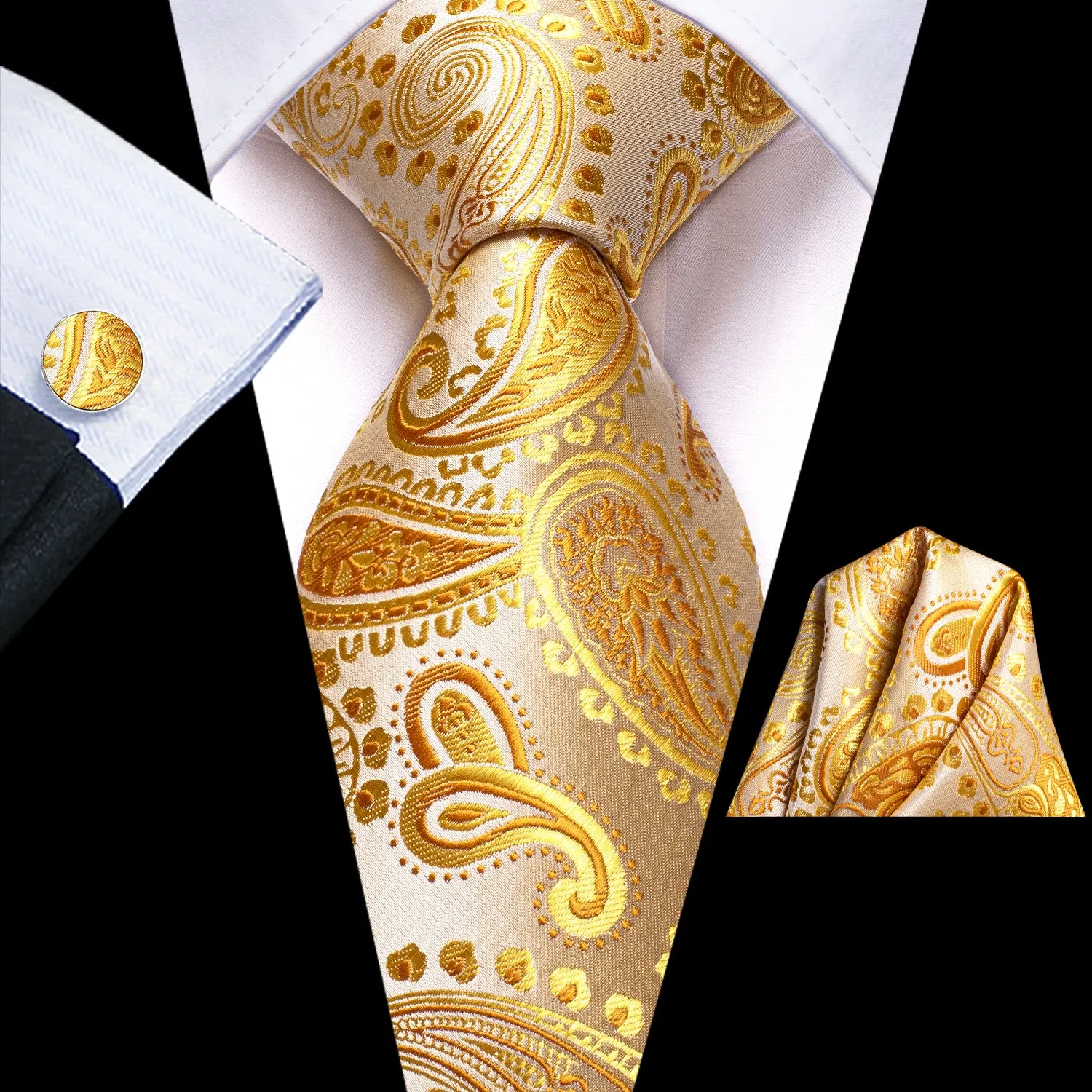Hi-Tie Yellow Champagne Paisley Necktie Pocket Square Cufflinks Set
