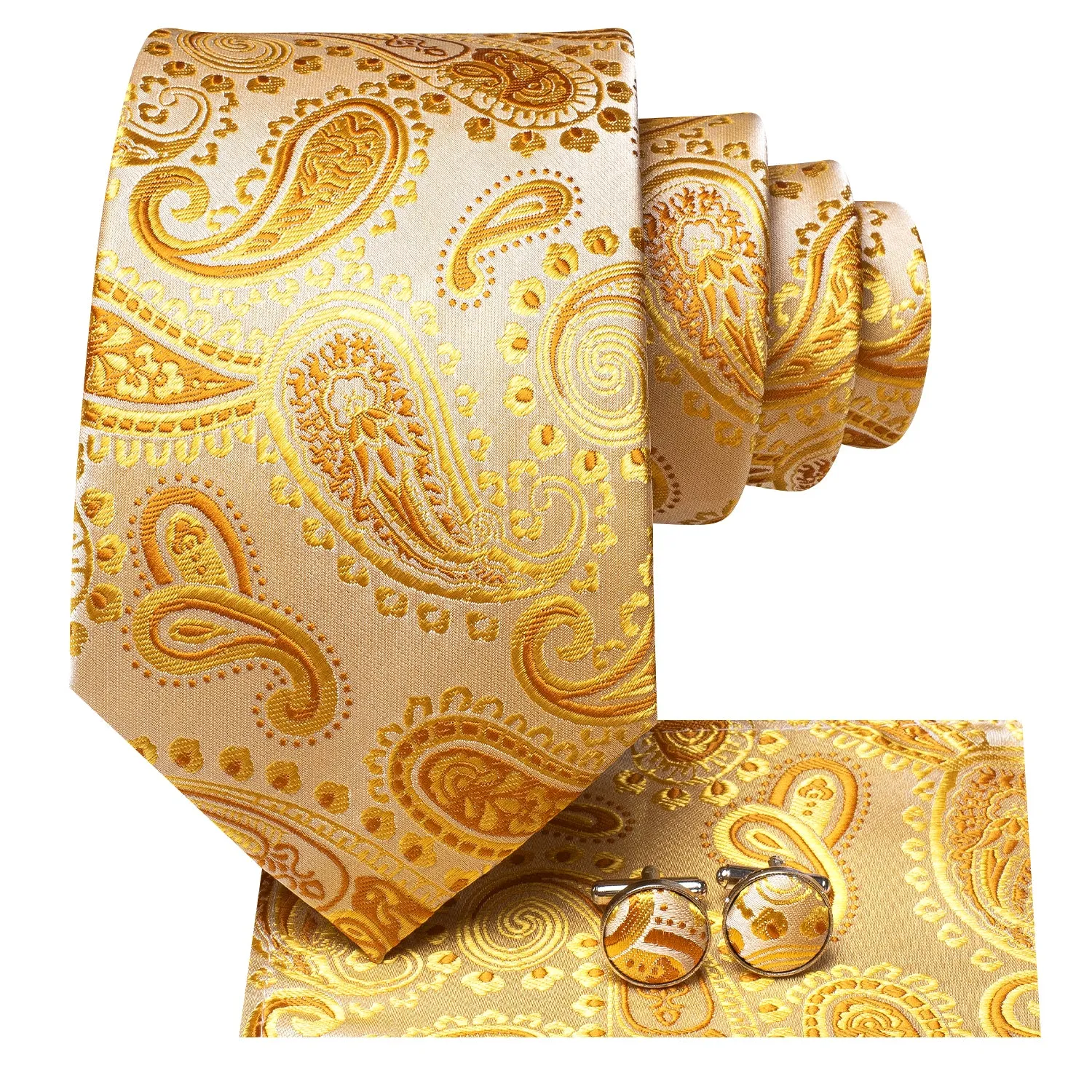 Hi-Tie Yellow Champagne Paisley Necktie Pocket Square Cufflinks Set