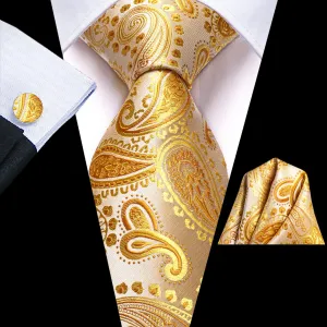 Hi-Tie Yellow Champagne Paisley Necktie Pocket Square Cufflinks Set