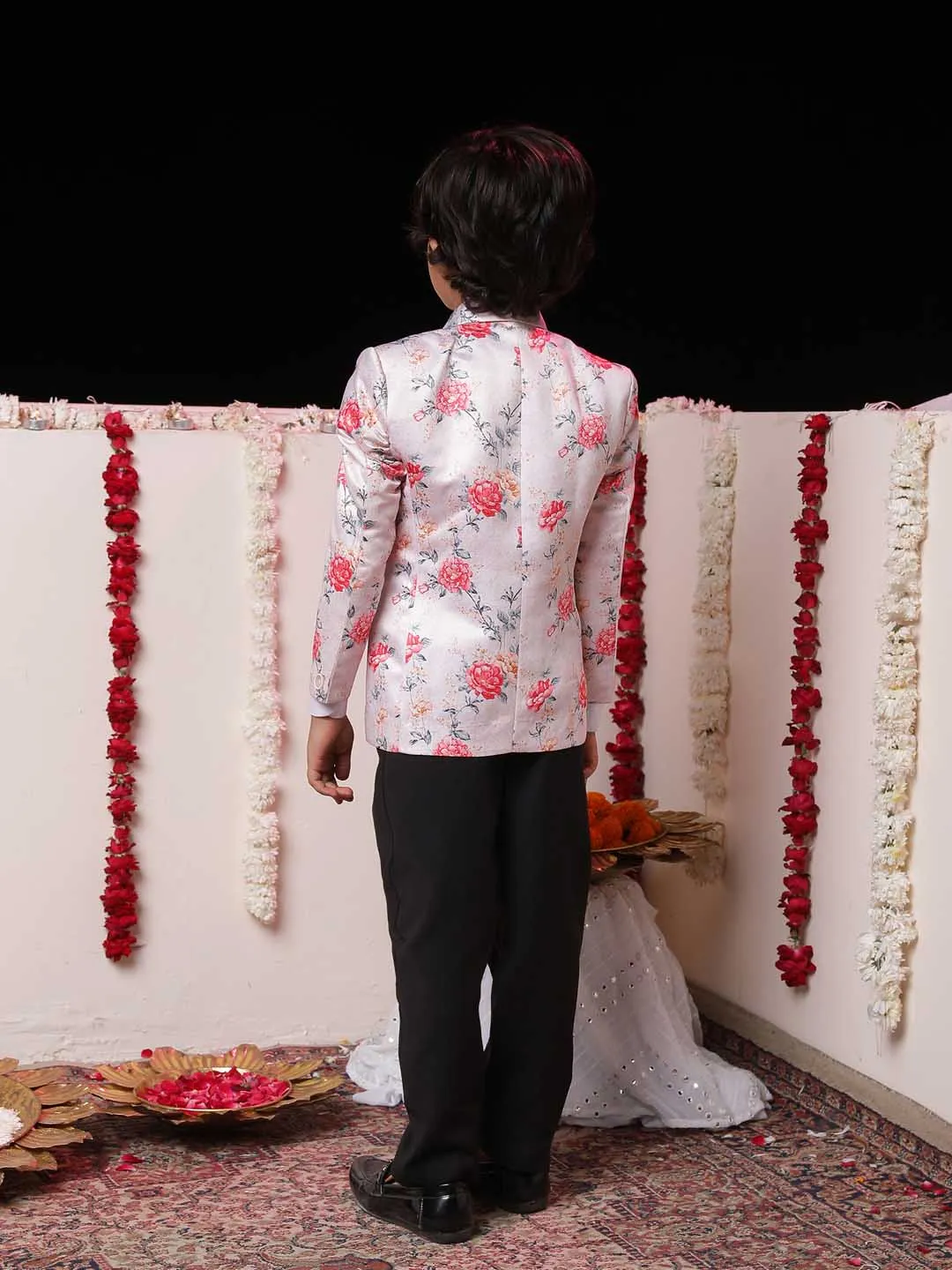 Jashvi Boy's Peach  Floral Print Blazer