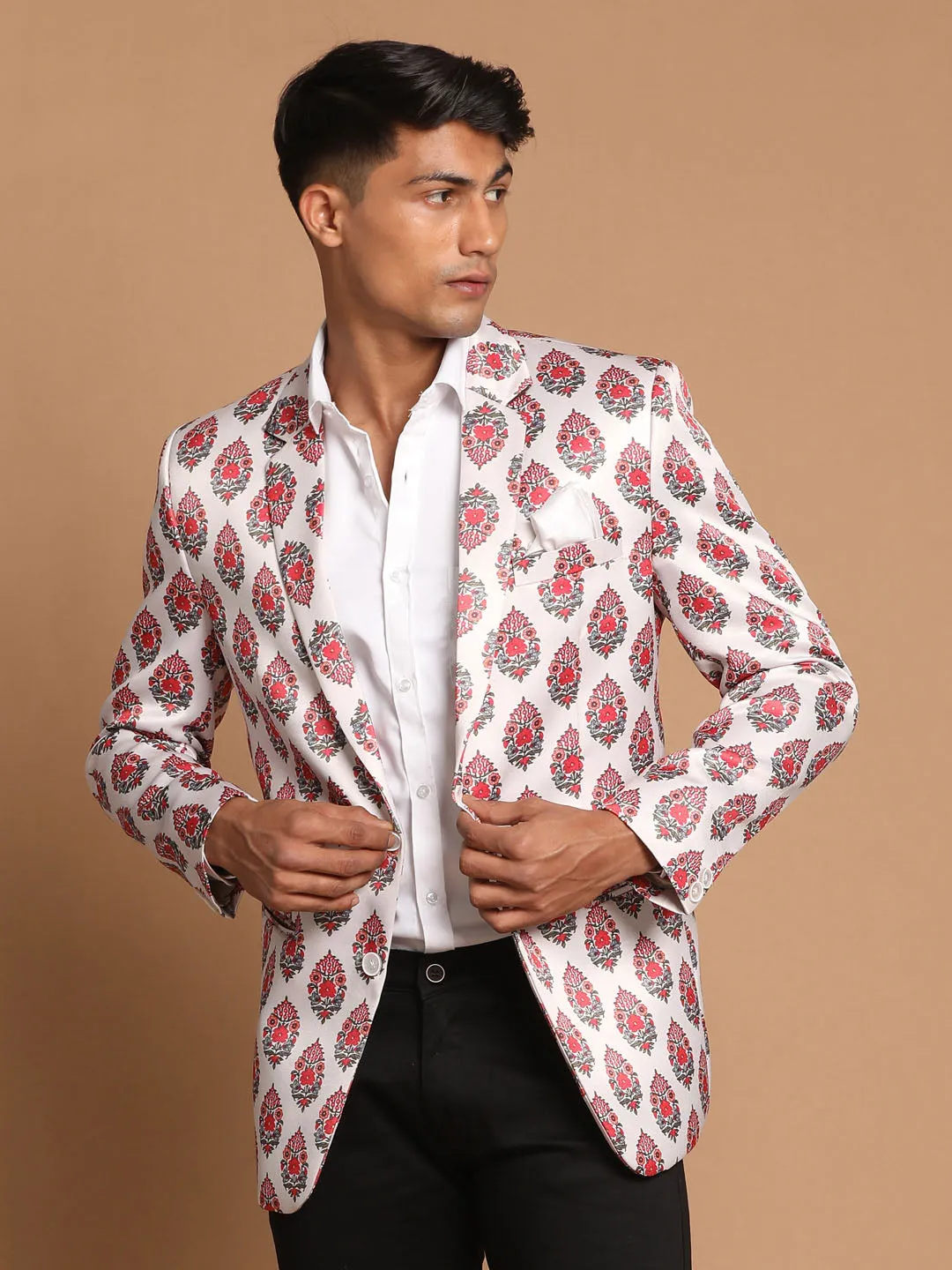 Jashvi Men's Cream Base Multi-Color Printed Blazer