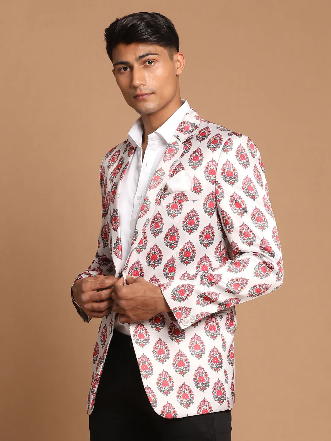 Jashvi Men's Cream Base Multi-Color Printed Blazer