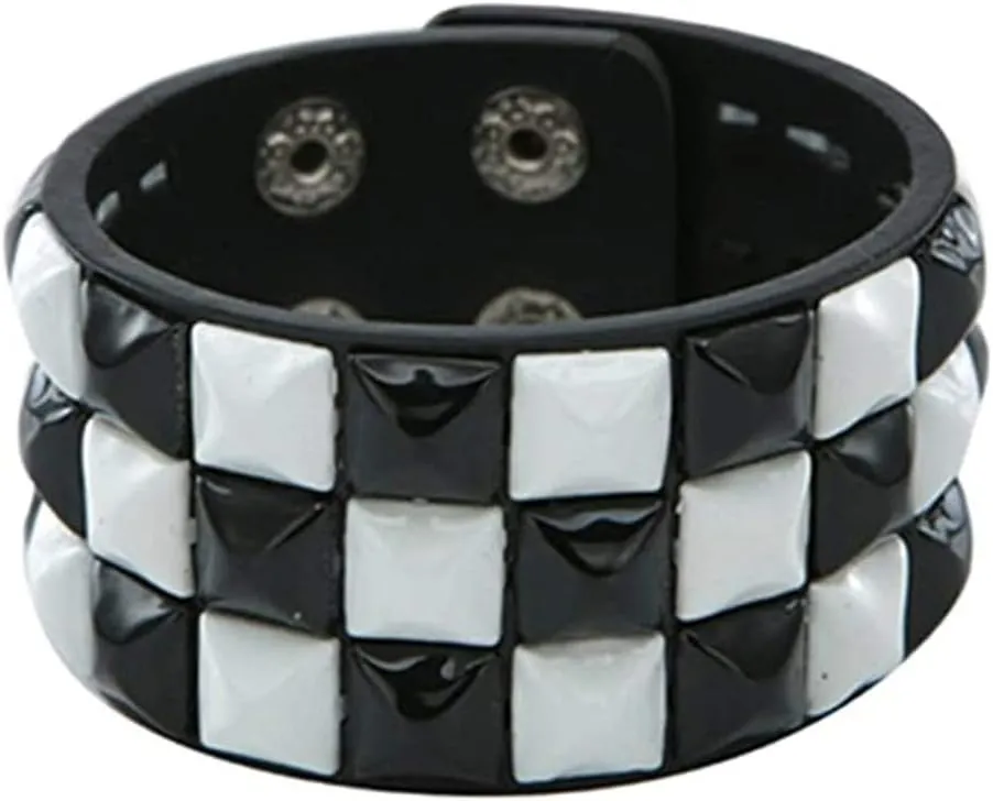 Jassion&Rainy Black and White Matched Pyramid Stud Punk Goth Rock Music Guitar Player Genuine Leather Bracelet Women Cuff