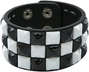 Jassion&Rainy Black and White Matched Pyramid Stud Punk Goth Rock Music Guitar Player Genuine Leather Bracelet Women Cuff